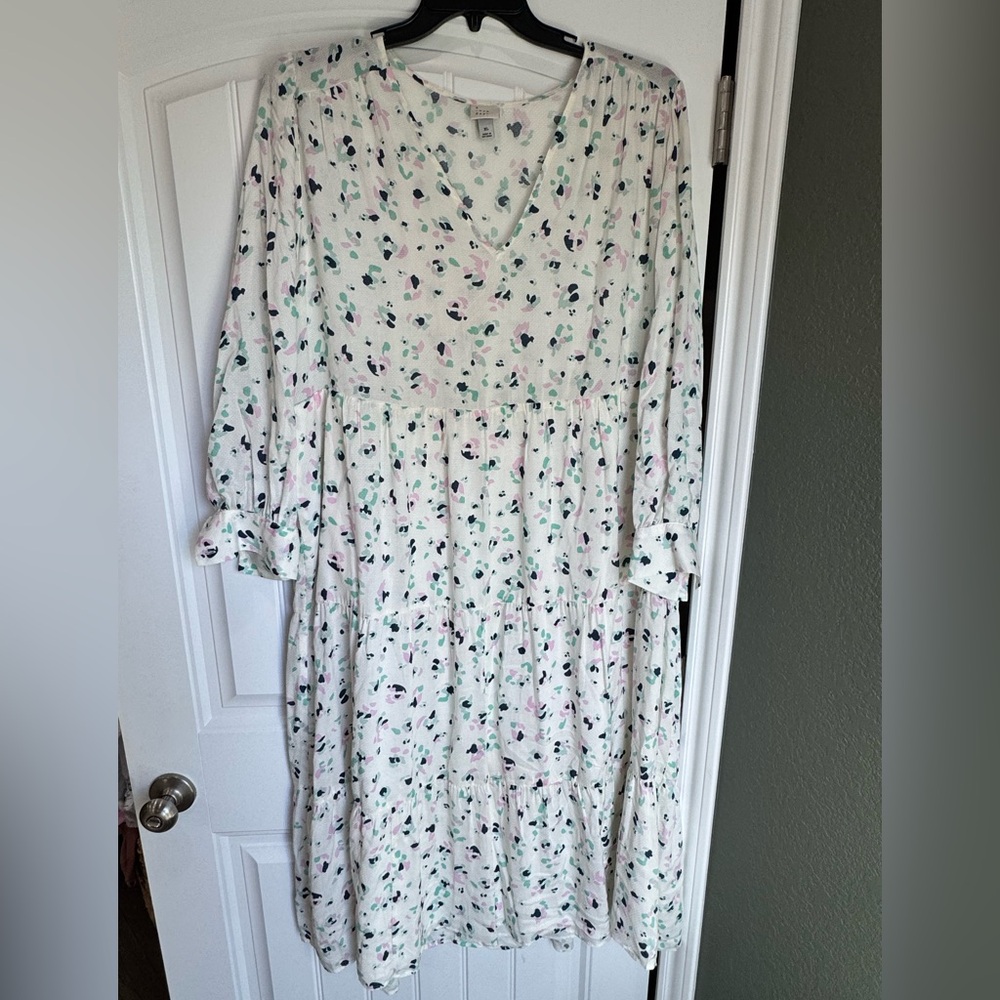 A New Day XL Abstract Floral Tiered Midi Dress Cottagecore V Neck Pink